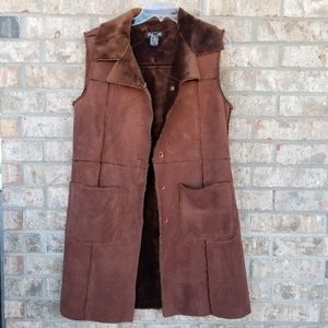 Bebe BROWN Sleeveless Faux Fur Coat (Womens Medium) Patchwork W/ Pockets Jacket